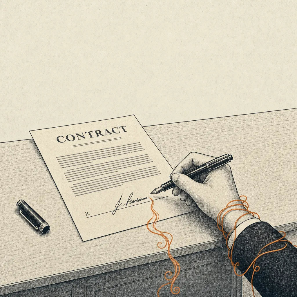 Editorial cartoon of a one-page contract resting on a wooden desk, viewed at slight angle. A fountain pen lies beside it. From the bottom edge of the contract, the ink of the signature trails downward and forms thin curling tendril-like lines that wrap around the signer's wrist (the wrist is visible holding the pen mid-action), holding it gently still.