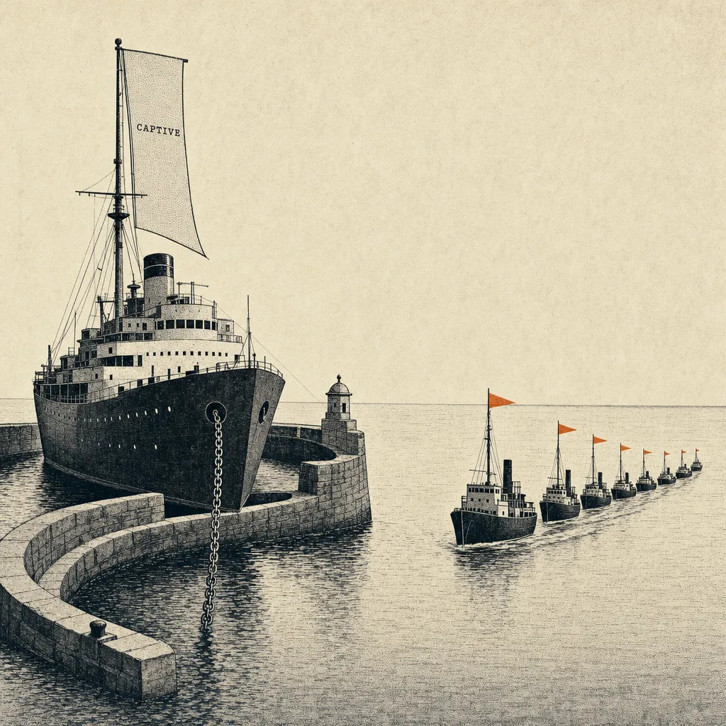 Editorial cartoon harbor scene viewed in profile. In the harbor at left, a large flagship at anchor with a corporate-style banner on its mast labeled CAPTIVE. Multiple smaller agent ships are sailing rightward through the harbor mouth toward an open horizon. Each smaller ship has a tiny different-colored independent pennant on its mast.
