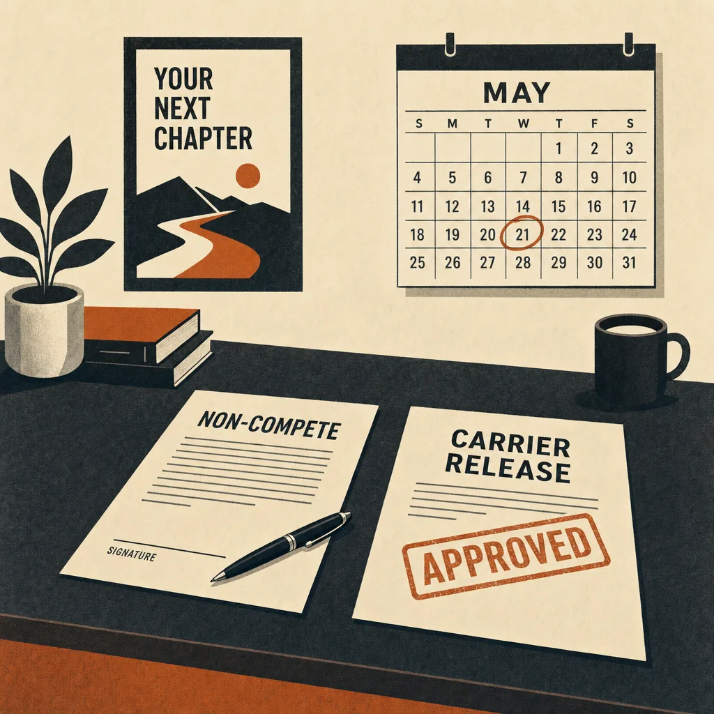 A desk with a non-compete agreement on the left, a carrier appointment form on the right. A hand stamps APPROVED on the carrier form while the non-compete sits unsigned. A calendar on the wall shows a circled date.