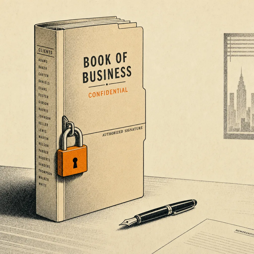 A flat vector editorial cartoon of a manila paper folder labeled with client names, held shut by a single padlock and a signature line, sitting on a cream desk, charcoal ink lines with one burnt orange accent.
