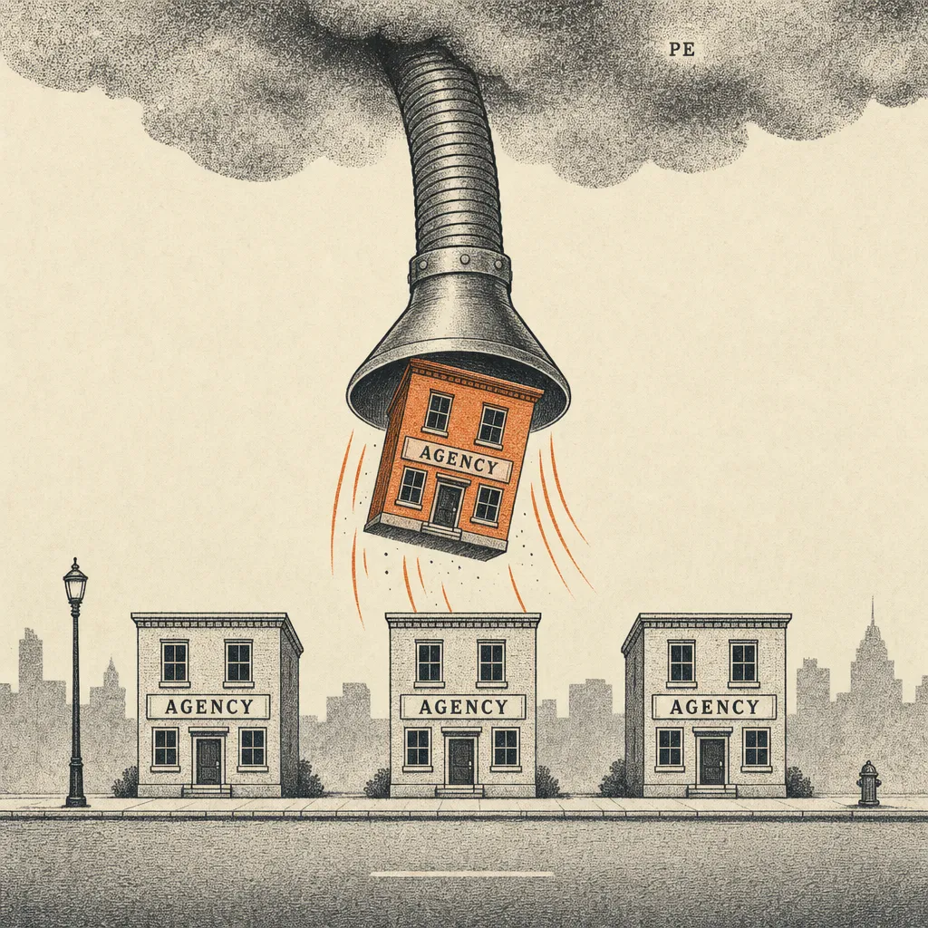 Editorial cartoon of a large industrial vacuum tube descending from a cloudbank labeled PE. The tube is mid-suction, lifting a small two-story agency building off the street, the building tilted at an angle inside the tube's mouth. Below the tube, three or four similar agency buildings still stand on the street. The tube is angled slightly suggesting it will swing toward another.