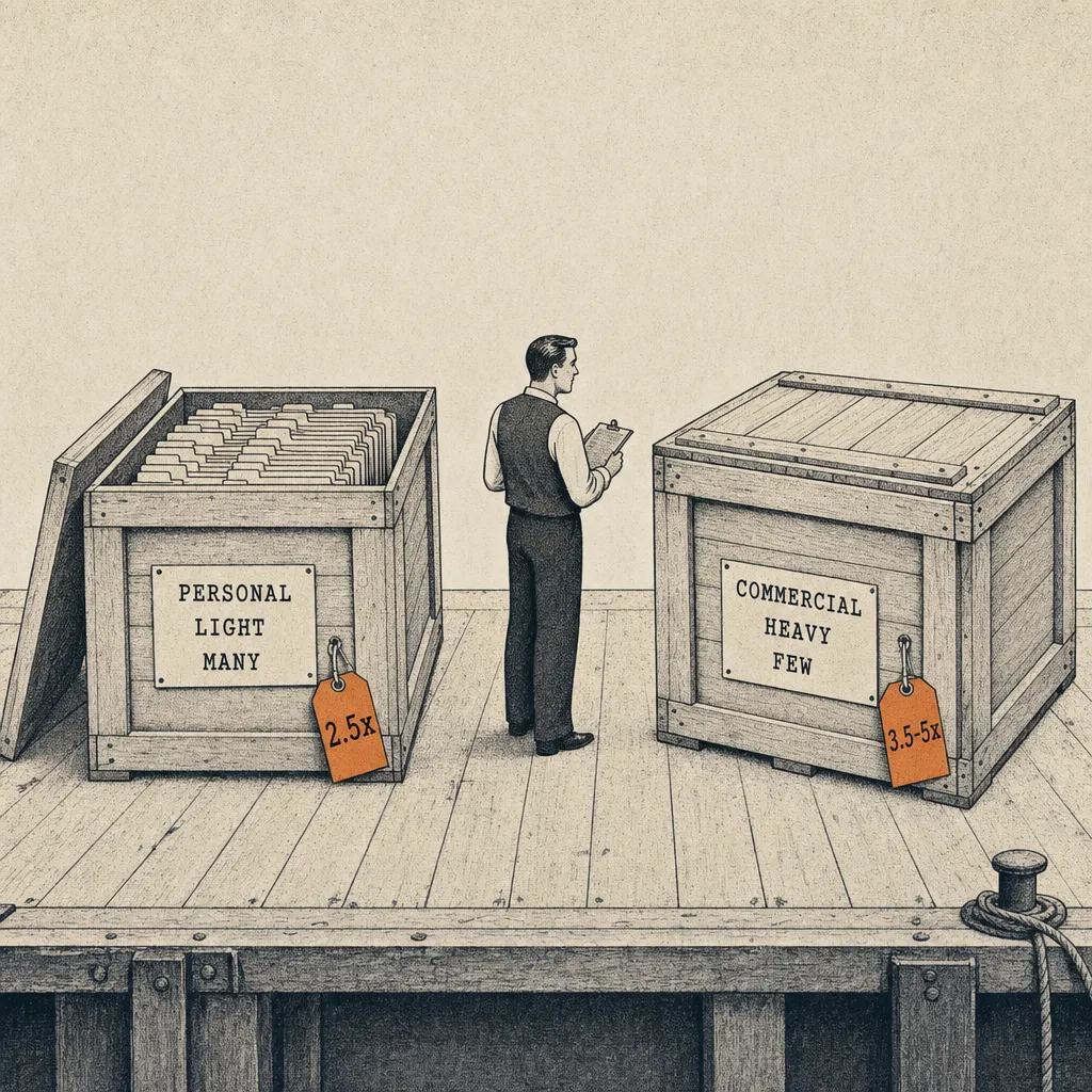 Editorial cartoon of a warehouse loading dock with two large wooden shipping crates side by side. The left crate is open and visibly stacked with many small paper policy folders, labeled PERSONAL: LIGHT / MANY. The right crate is closed and heavier-looking, labeled COMMERCIAL: HEAVY / FEW, with a small price tag reading higher multiple. A small business figure with a clipboard stands between them.