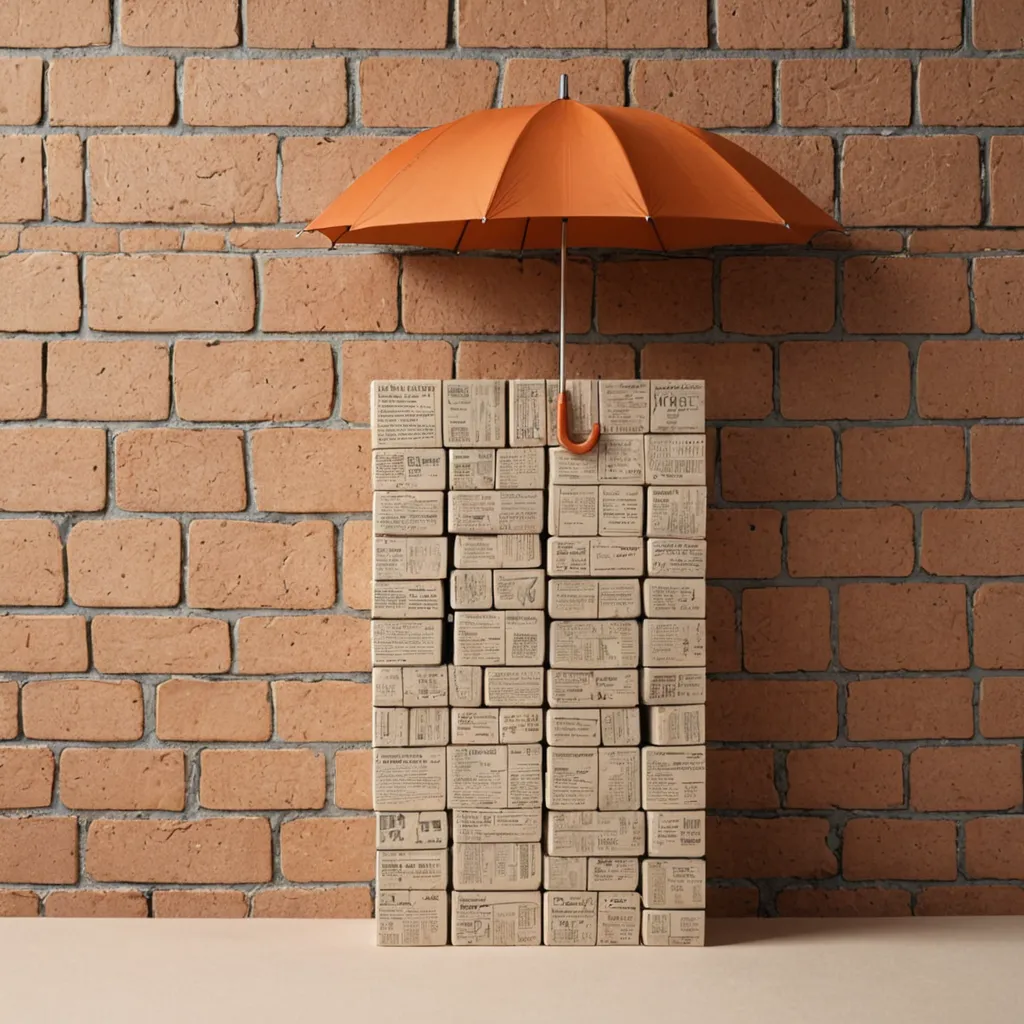 A flat editorial illustration of a brick wall where each brick is labeled with a line of coverage such as auto, home, life, and umbrella. One brick near the top has been pried loose and replaced, a small hand tool rests beside it, and a folded checklist document leans against the wall base. A thin shadow falls across the exposed gap behind the wall.