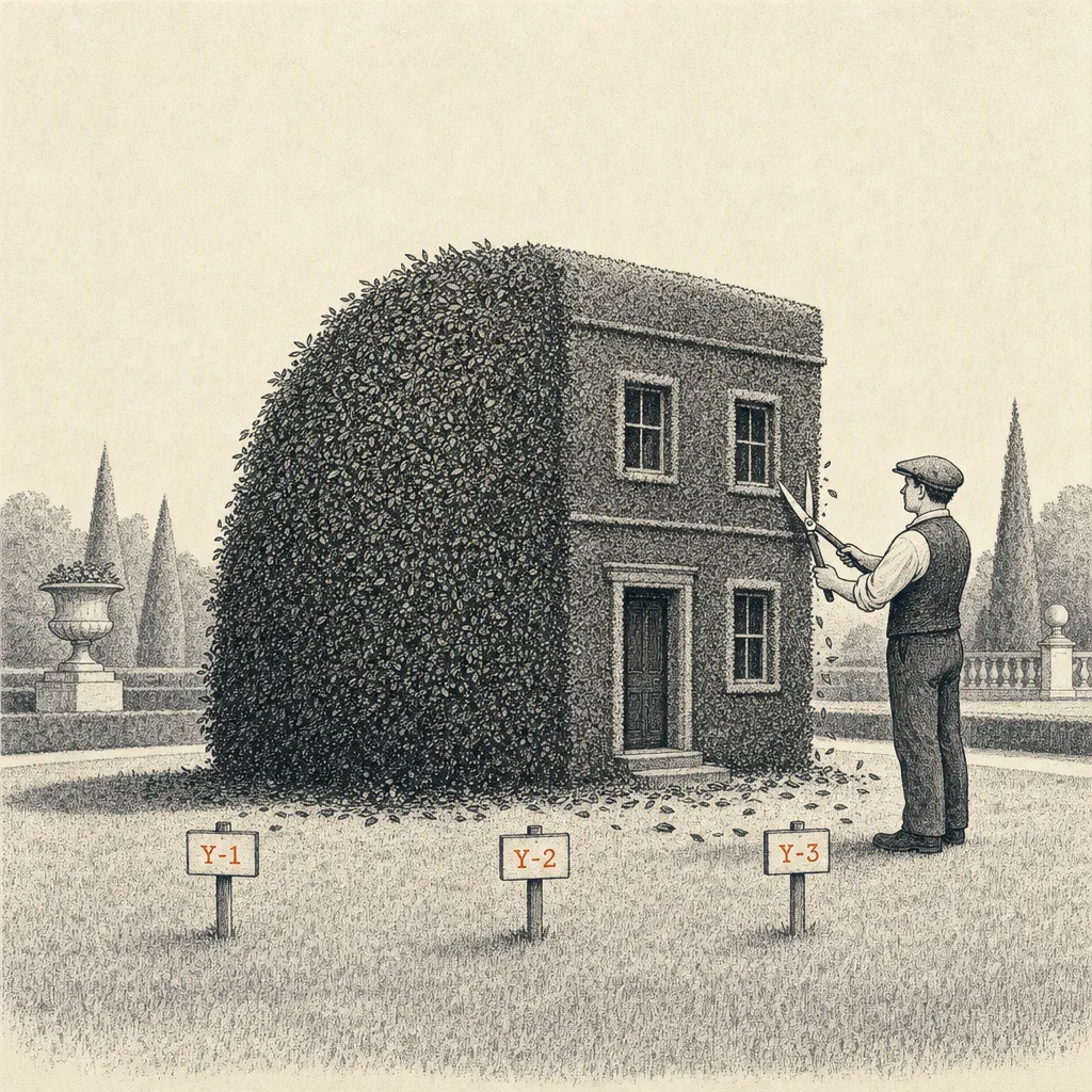 Editorial cartoon of a formal topiary garden with one large central shrub. The shrub is being shaped — partly trimmed to suggest the silhouette of a small architectural building. In the grass beside the shrub, three small wooden markers reading Y-1, Y-2, Y-3. A small gardener in a vest holds shears mid-clip, working on the shrub.