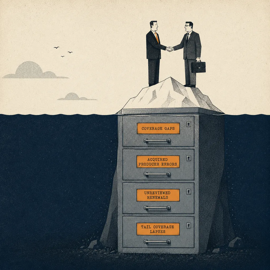 Editorial cartoon of two business figures in suits shaking hands atop an iceberg shaped like a four-drawer filing cabinet, the underwater drawers labeled coverage gaps, acquired producer errors, unreviewed renewals, and tail coverage lapses.