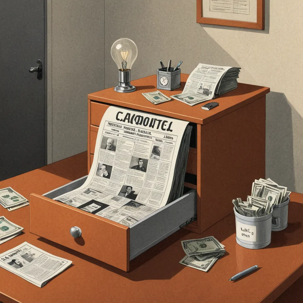 A flat geometric editorial cartoon showing a filing cabinet drawer labeled C Corp sitting on a cream paper desk, with a wooden hourglass beside it whose top bulb is nearly empty of a small stack of dollar bills and whose bottom bulb is full. A stippled charcoal ink calendar page marked five years is pinned behind the hourglass. Charcoal ink lines, a single burnt orange accent on the C Corp label, off-white paper grain background.
