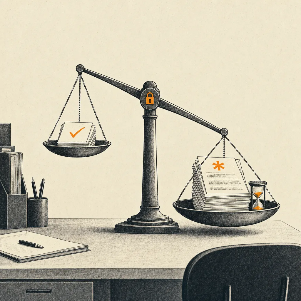 A two-pan balance scale on an office desk. The high pan holds a small stack of paper with a check mark. The low, heavy pan holds a larger stack of paper with an asterisk and fine print, a small hourglass beside it, and a tiny lock drawn on the fulcrum.