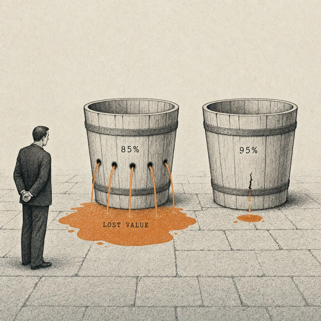 Editorial cartoon of two wooden buckets standing side by side on a stone floor. The left bucket is labeled 85% and has multiple visible holes — water streams from each in thin lines, forming a large puddle on the floor below labeled LOST VALUE. The right bucket is labeled 95% and has only one tiny visible crack, with a small drip below. A small business figure observes.