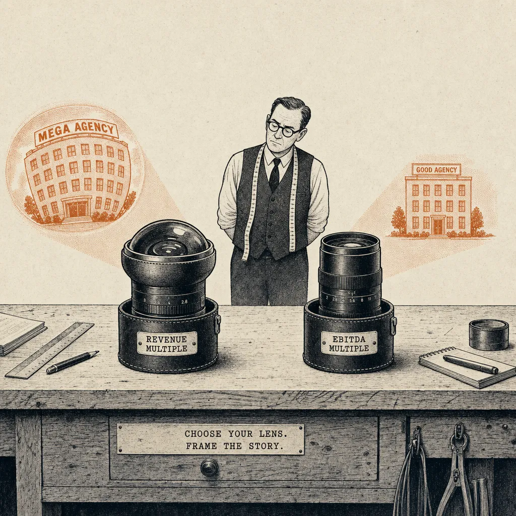 Editorial cartoon of a photographer's workbench with two camera lenses standing upright. The left lens is a bulbous fisheye labeled REVENUE MULTIPLE; beside it a small distorted ghost image of an oversized agency building. The right lens is a clean cylindrical lens labeled EBITDA MULTIPLE; beside it a smaller accurate image of a normal-sized agency. A photographer in a vest stands behind.