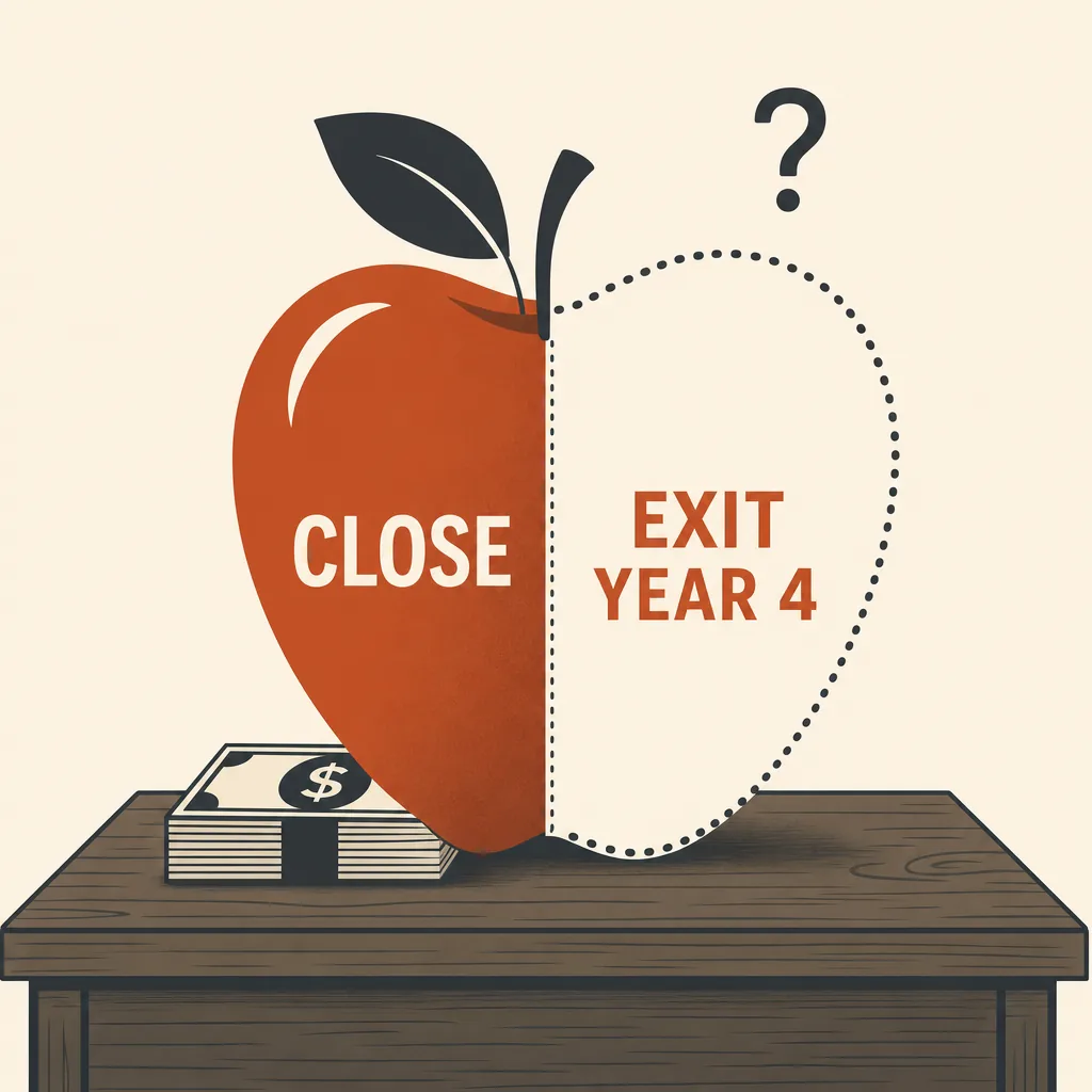 Editorial cartoon of a large apple split precisely in half on a wooden desk. The left half is solid and gleaming, labeled CLOSE, with a small stack of cash beneath it. The right half is outlined in dotted lines, labeled EXIT YEAR 4, with a tiny question mark floating above it. A small suited figure stands between both halves studying a document.