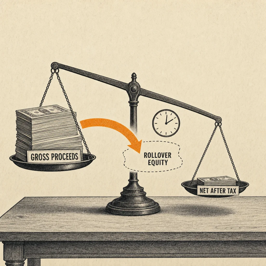 A flat geometric editorial cartoon showing an antique two-pan balance scale on a cream paper desk. The left pan holds a stack of cash labeled Gross Proceeds. The right pan holds a much smaller stack labeled Net After Tax. A single burnt orange arrow points from the left pan into a void labeled Rollover Equity, with a clock face showing a future date beside it. Charcoal ink lines, stippling texture, off-white paper grain background.