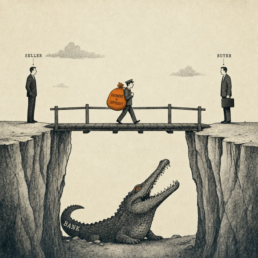 Editorial cartoon of two cliff edges separated by a chasm, joined by a wooden footbridge. On the left cliff stands a seller figure; on the right cliff stands a buyer figure. A small messenger figure walks across the bridge mid-span carrying a bag labeled PAYMENT + INTEREST. Below the bridge in the chasm, a crocodile labeled BANK looks upward with mouth open.