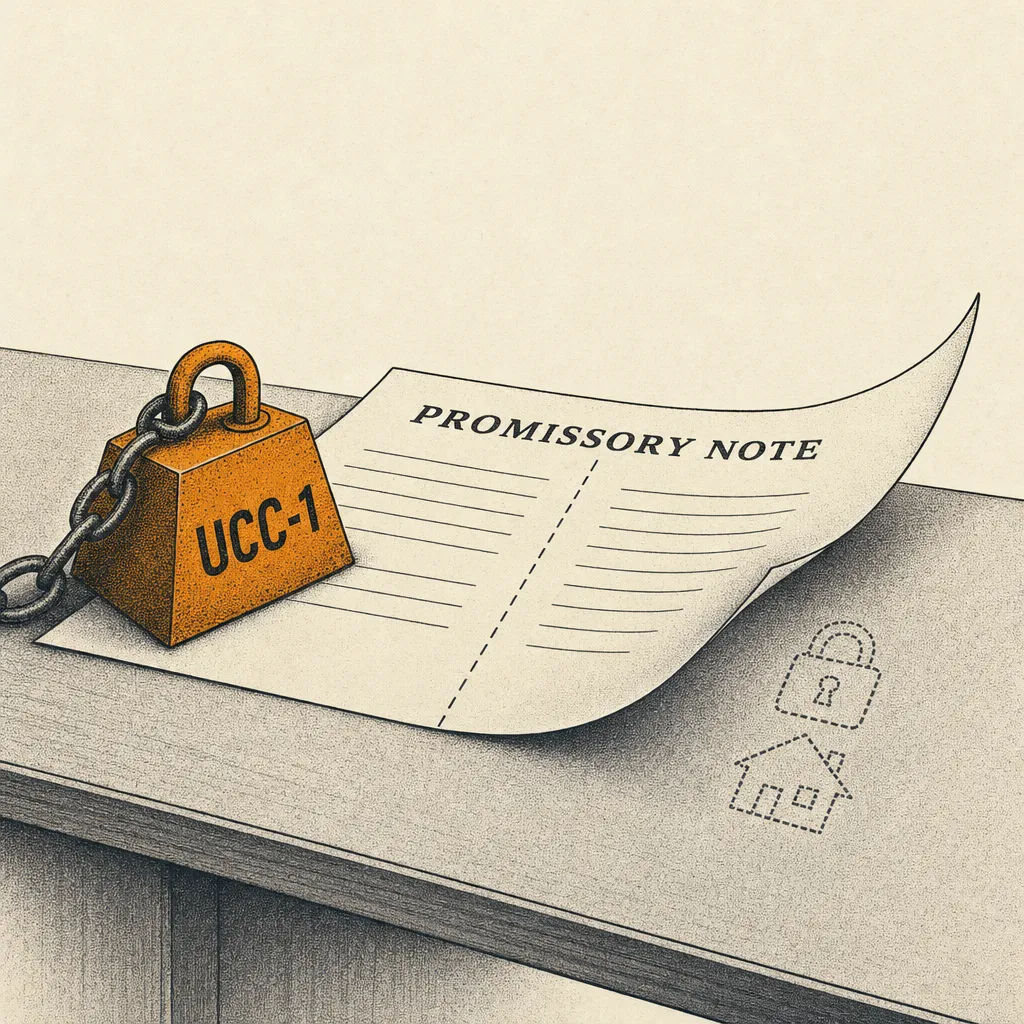 A promissory note document sits on a desk. The left side of the document is pinned down by a heavy metal anchor labeled UCC-1 in burnt orange. The right side curls upward, lifting off the desk. Beneath the curling edge, small fading icons of a lock and a house are visible along a dashed vertical line down the center of the page.