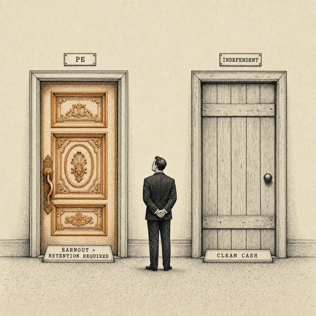 Editorial cartoon of a plain wall with two adjacent doors. The left door is gold-plated and ornately decorated, labeled PE with a smaller threshold sign reading EARNOUT + RETENTION. The right door is a modest wooden door, labeled INDEPENDENT with a smaller threshold sign reading CLEAN CASH. A small business figure stands between them, looking from one to the other.