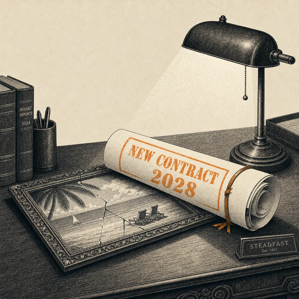 A State Farm agent sits at a wooden desk in a modest office. On the desk sits a single-page document labeled 'NEW CONTRACT' with a pen beside it. The agent stares at the paper, hands folded. On the wall behind him, a framed retirement photo has been replaced with a blank frame. The scene is rendered as a flat geometric vector illustration in charcoal lines on cream paper, with a single burnt orange accent on the contract label.