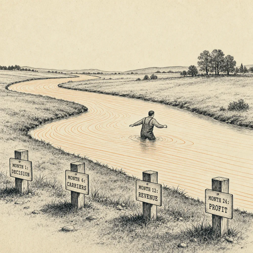 Editorial cartoon top-down aerial view of a wide flat field with a winding river crossing diagonally. Along the riverbank, four small wooden mile-marker posts labeled MONTH 1: DECISION, MONTH 6: CARRIERS, MONTH 12: REVENUE, MONTH 24: PROFIT. A small business figure in waders is partway across the river, water around their waist, halfway to the far bank.