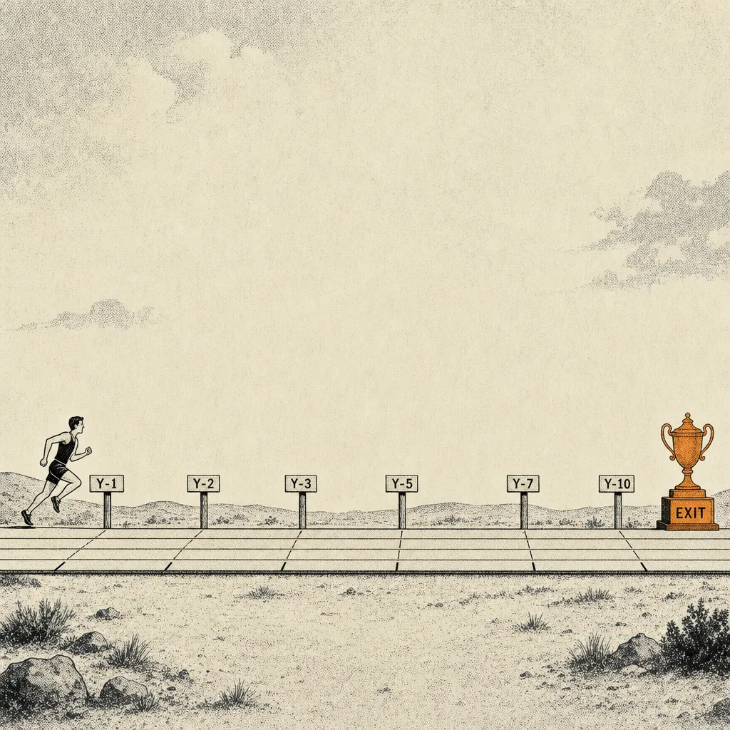 Editorial cartoon of a long marathon track stretching horizontally across the frame. A single small runner figure is at the year 1 mile-marker, mid-stride. Along the track, mile-markers are labeled Y-1, Y-2, Y-3 ... up to Y-10. At the year 10 end of the track, a small trophy sits on a pedestal labeled EXIT.