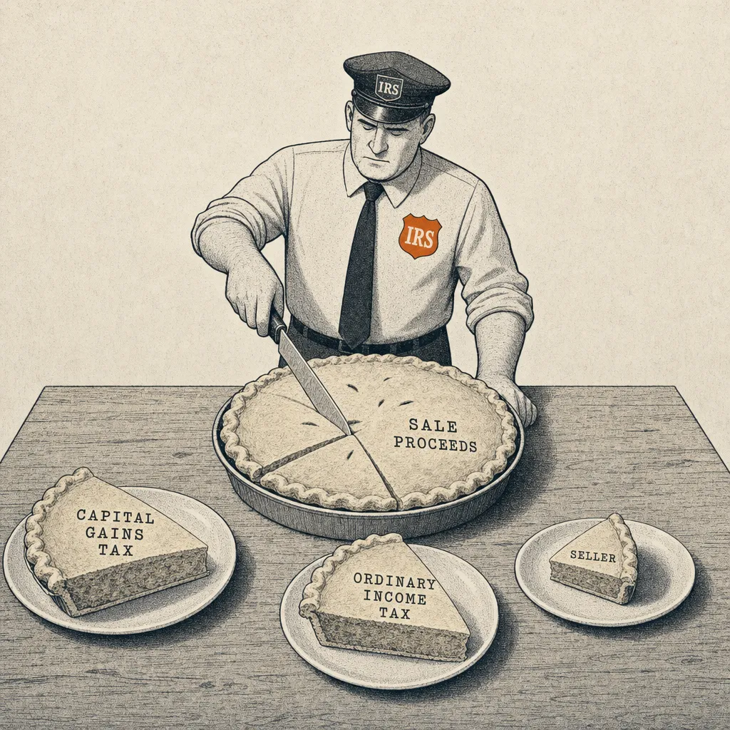 Editorial cartoon of a round pie on a wooden table, viewed from above. The pie is labeled SALE PROCEEDS. A uniformed IRS officer figure with cap and tie stands at the table holding a long knife, mid-cut. Three pie wedges are already separated and labeled: a large wedge CAPITAL GAINS TAX, a middle wedge ORDINARY INCOME TAX, and a small wedge SELLER.