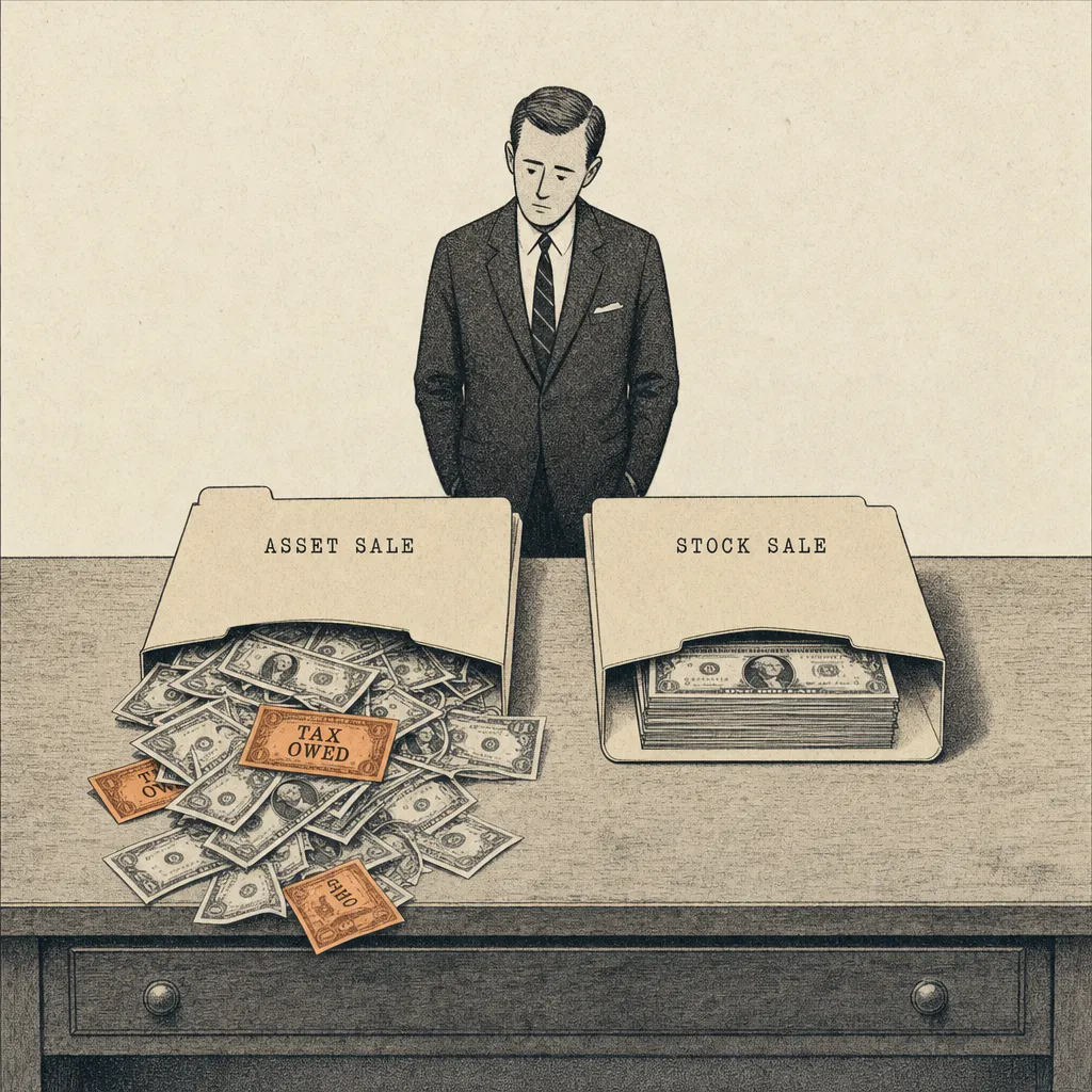 Editorial cartoon of a wooden desk with two folders open side by side. The left folder labeled ASSET SALE has dollar bills spilling out of it onto the desk surface, the loose bills labeled TAX OWED. The right folder labeled STOCK SALE has its bills neatly stacked inside, no spillage. A small business figure stands behind the desk looking at the difference.