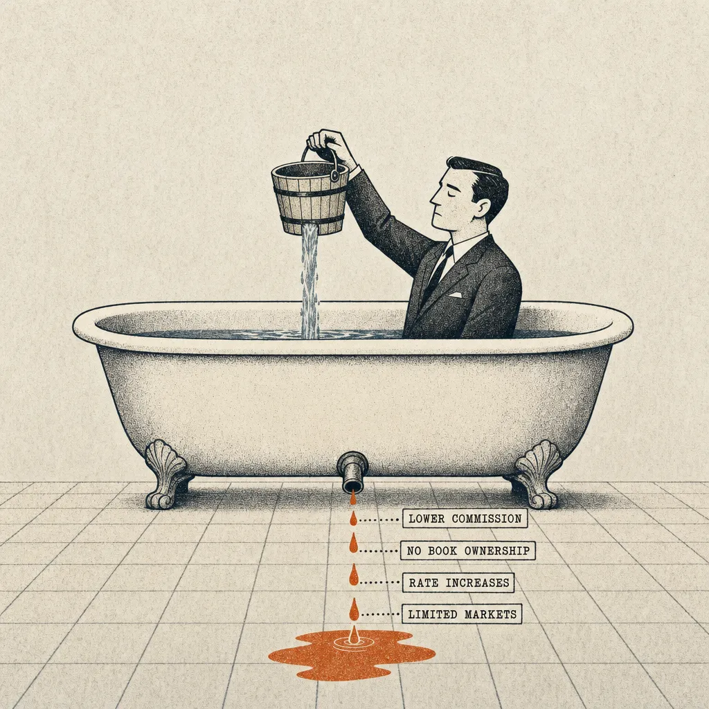Editorial cartoon of a claw-foot bathtub viewed in profile. Inside the tub a small business figure sits in the water, refilling from a bucket held above. Beneath the tub, a slow drip from a small open drain pipe forms a puddle on the floor; the drip is labeled with cost categories: LOWER COMMISSION, NO BOOK OWNERSHIP, RATE INCREASES, LIMITED MARKETS.