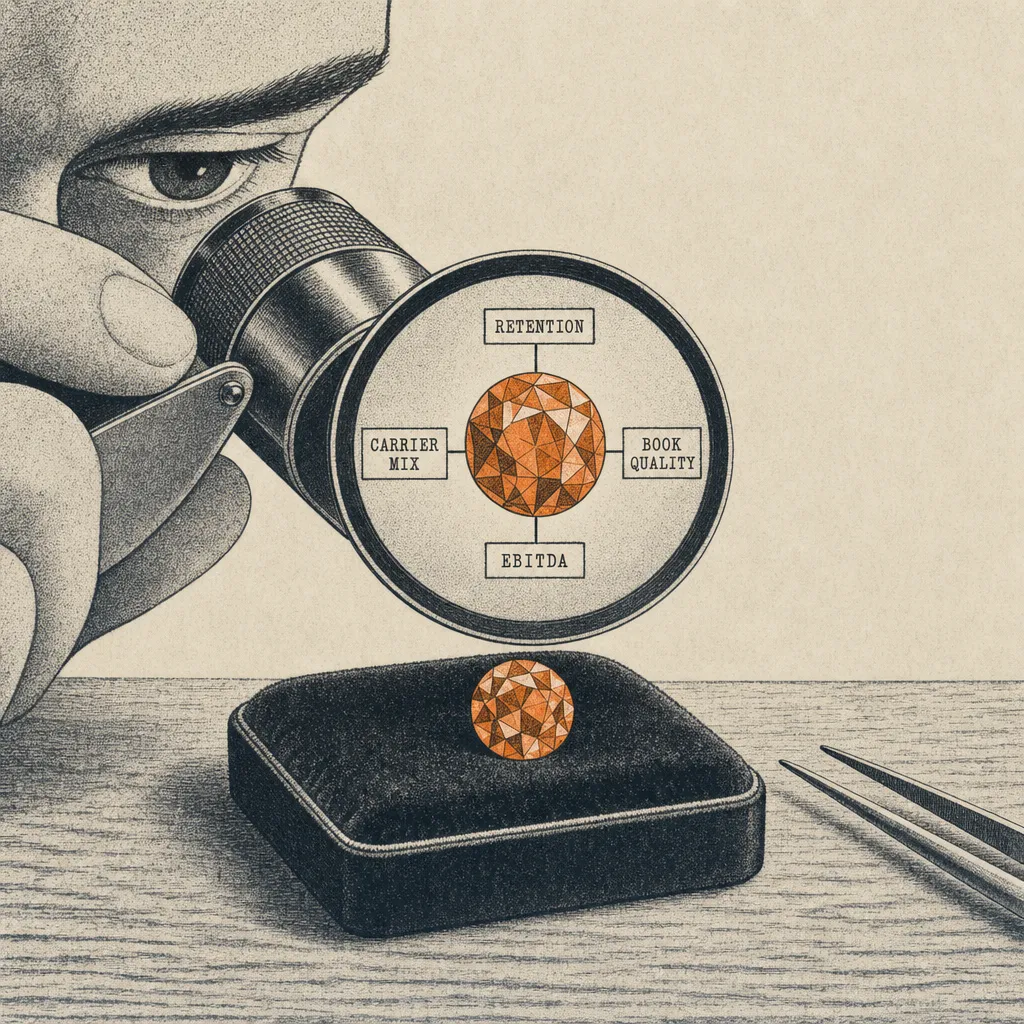 Editorial cartoon of a jeweler's loupe held close against a small faceted gemstone resting on a velvet pad. Through the loupe's circular view (drawn as a circular inset detail), tiny typewriter-caps labels float around the gemstone reading RETENTION, CARRIER MIX, BOOK QUALITY, EBITDA. A small section of the buyer's face is visible behind the loupe.