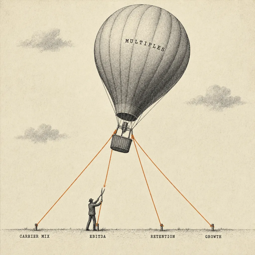Editorial cartoon of a hot air balloon ascending in the sky. The balloon envelope is labeled MULTIPLES. Four tether ropes connect the basket below it to the ground, each labeled CARRIER MIX, EBITDA, RETENTION, GROWTH. A small figure on the ground is cutting one tether with garden shears; the balloon visibly tilts as a result.