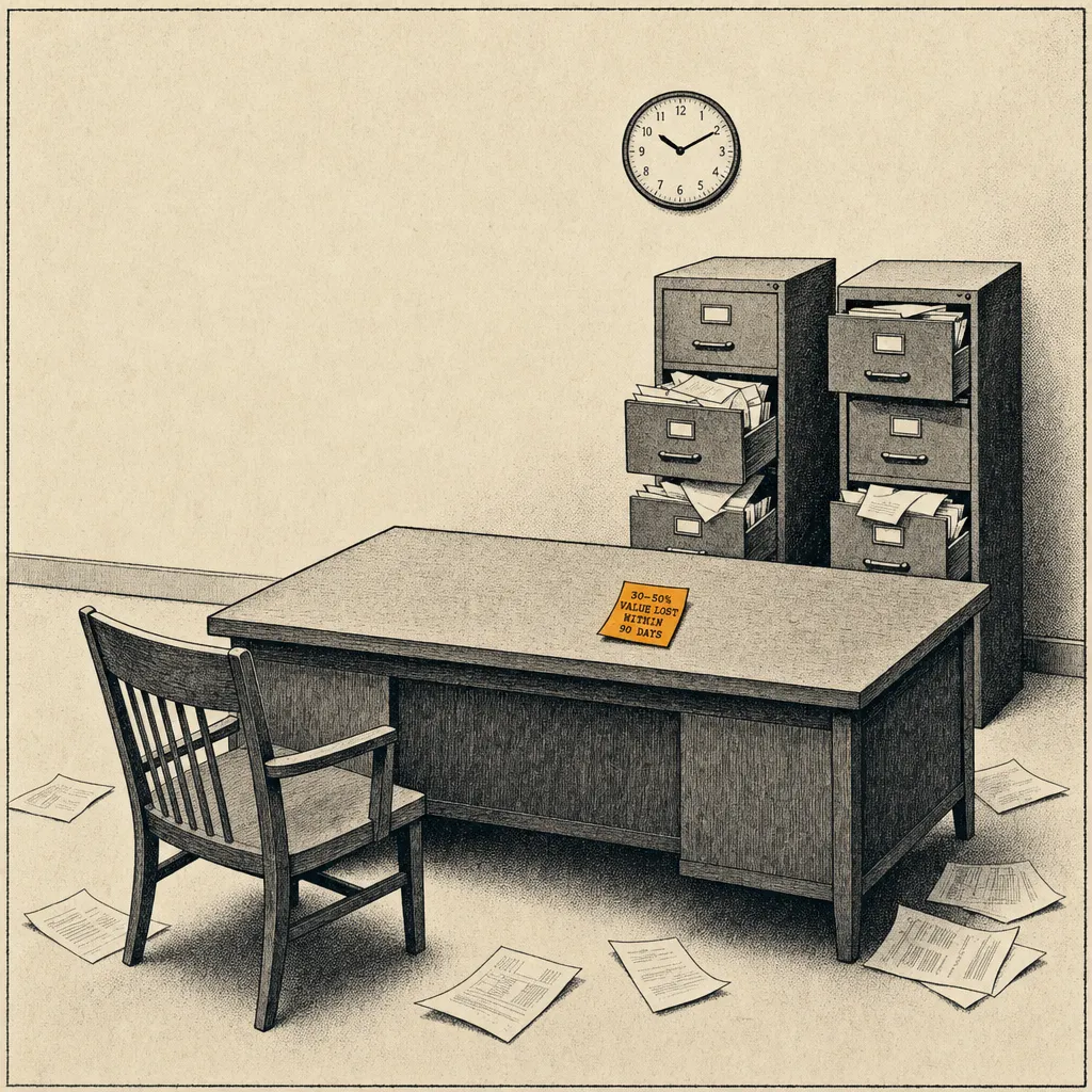 Editorial cartoon of an empty office at rest. A wooden chair pushed back from a desk. Two file cabinets to the side stand partially open with papers spilling out. Loose papers scatter on the floor. On the desk surface, a single small sticky note reads 30-50% VALUE LOST WITHIN 90 DAYS. A small round wall clock visible in the background.
