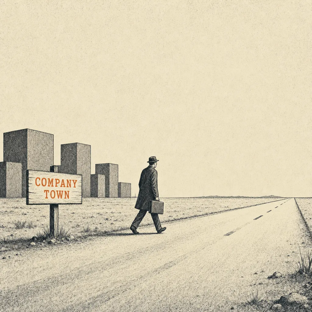 Editorial cartoon of a small business figure with a suitcase walking outward at the edge of a town. Behind him, a town-limit sign reading COMPANY TOWN and a few flat featureless buildings rendered without detail. Ahead of him, an open road stretches toward a distant horizon. The figure is mid-stride, walking away.