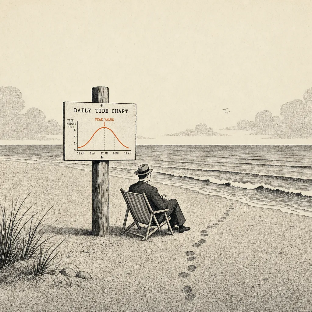 Editorial cartoon of a beach scene. A small wooden post stands in the sand bearing a tide chart, the chart showing a wave curve that peaks in the middle labeled PEAK VALUE. Beside the post, a small business figure sits in a beach chair, watching the actual tide rolling onto the beach. Footprints lead from the chair toward the waterline.