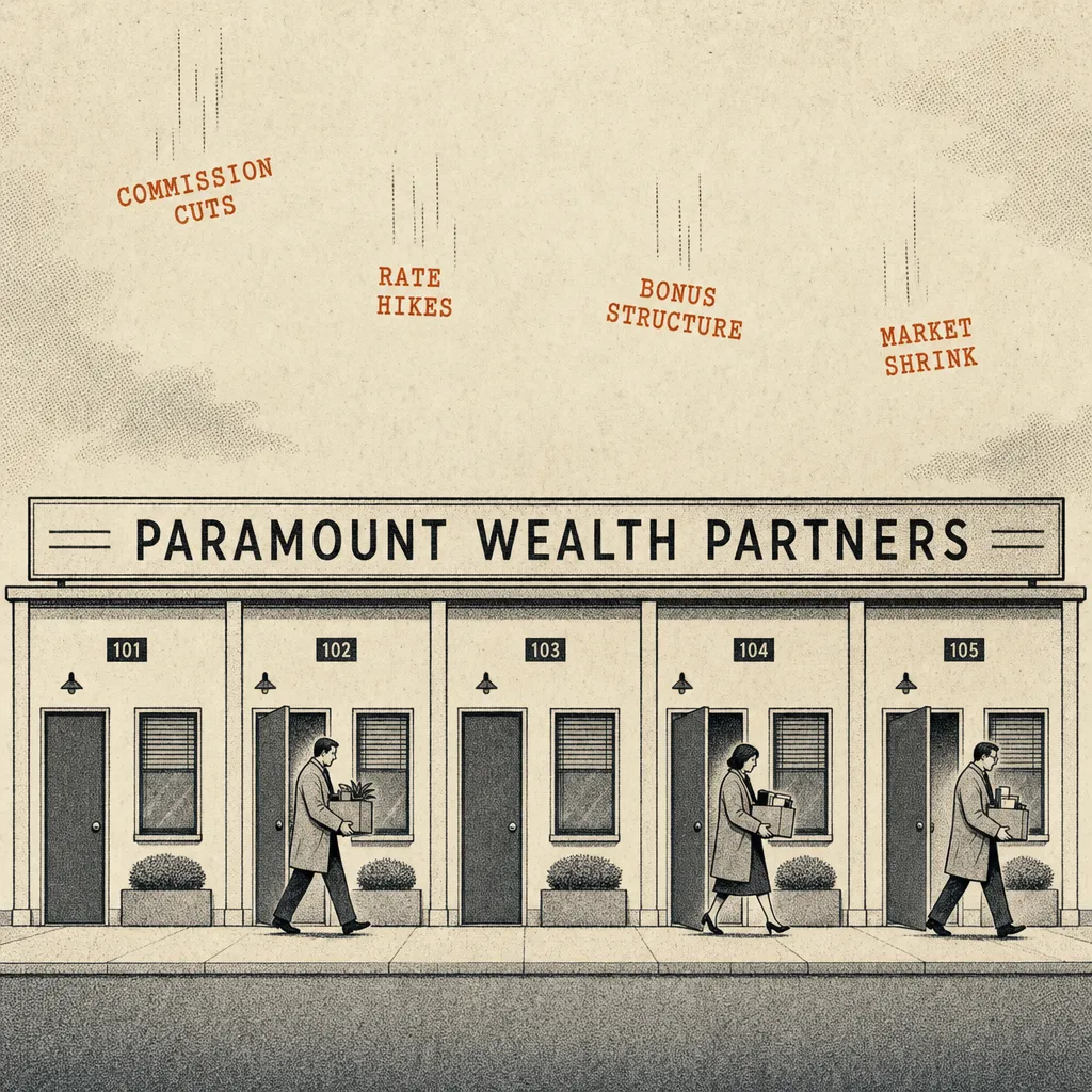 Editorial cartoon of a long row of five identical small office storefronts, all sharing a corporate-style nameplate above the doors. Half the doors are open at the same time; small business figures walk outward each carrying a small box. Above the row, falling typewriter-caps labels descend like leaves: COMMISSION CUTS, RATE HIKES, BONUS STRUCTURE.