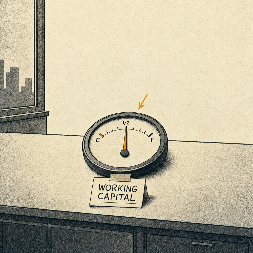 A flat editorial cartoon of a fuel gauge on an office desk, the needle sitting at half a tank, with a label reading working capital printed beneath the dial.