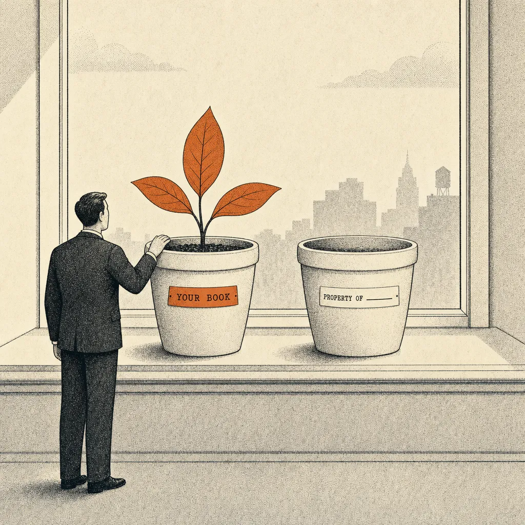 Editorial cartoon of two ceramic pots side by side on a windowsill. The left pot is labeled YOUR BOOK and contains a healthy small plant. The right pot is labeled PROPERTY OF — with a blank line for an owner's name — and is empty. A small business figure stands close, hand resting on the labeled (YOUR BOOK) pot.